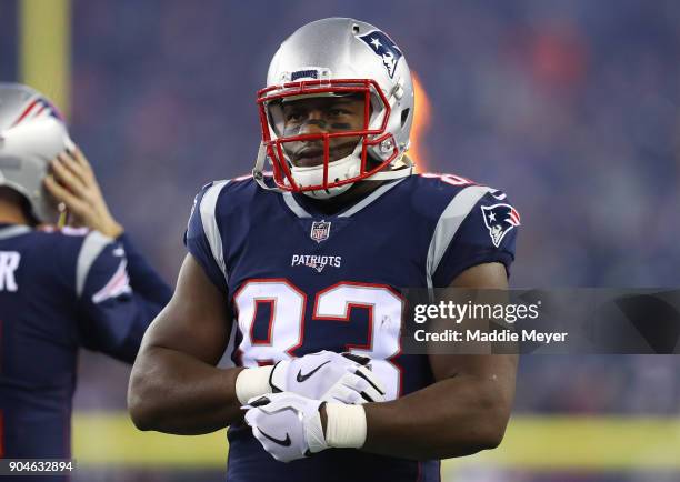 Dwayne Allen of the New England Patriots looks on before the AFC Divisional Playoff game against the Tennessee Titans at Gillette Stadium on January...