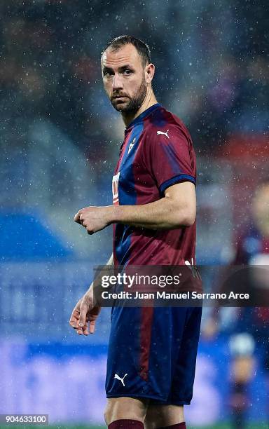 Ivan Ramis of SD Eibar reacts during the La Liga match between SD Eibar and Atletico Madrid at Ipurua Municipal Stadium on January 13, 2018 in Eibar,...