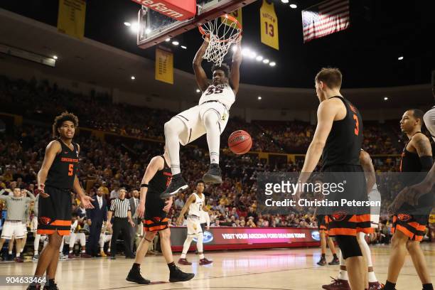 De'Quon Lake of the Arizona State Sun Devils slam dunks the ball against the Oregon State Beavers during the second half of the college basketball...