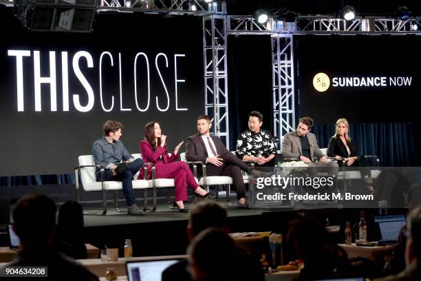 Actor Zach Gilford, co-creators/writers/actors Shoshannah Stern and Josh Feldman, and actors Andrew Ahn, Colt Prattes, and Cheryl Hines of 'This...