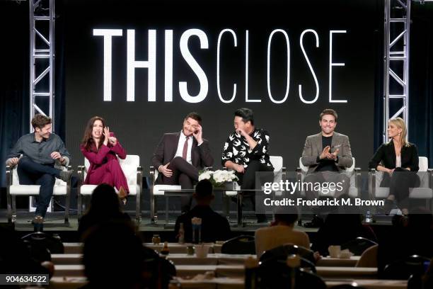 Actor Zach Gilford, co-creators/writers/actors Shoshannah Stern and Josh Feldman, and actors Andrew Ahn, Colt Prattes, and Cheryl Hines of 'This...