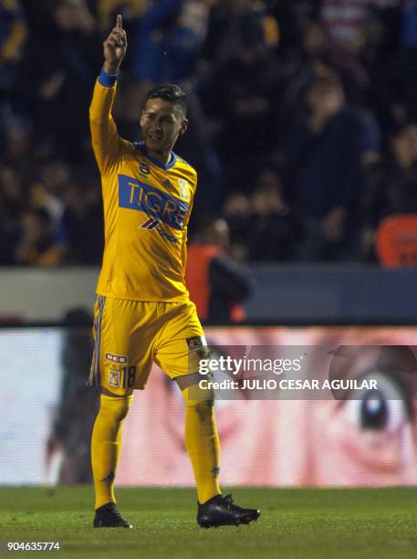 Tigres' Ismael Sosa celebrates after scoring against Santos during their Mexican Clausura 2018 tournament football match at the Universitario stadium...