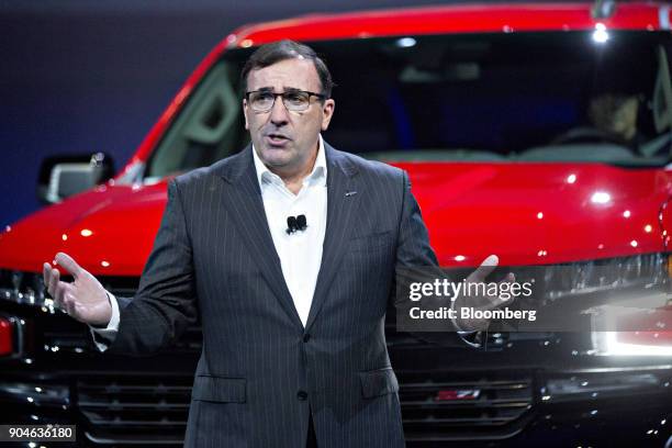 Alan Batey, executive vice president and president of General Motors Co. North America, speaks next to a 2019 Chevrolet Silverado pickup truck during...