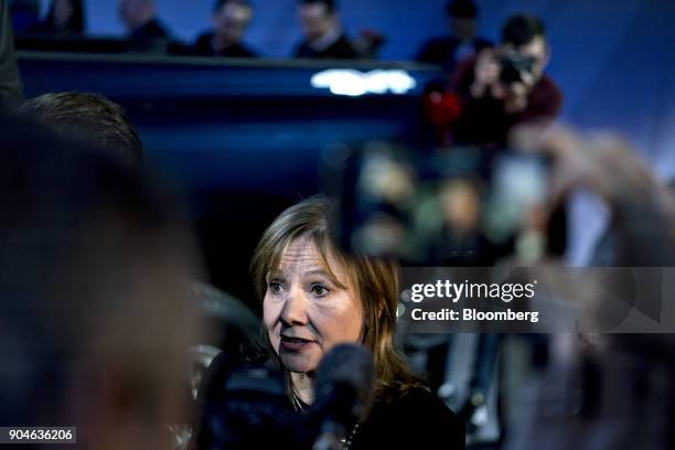 Mary Barra, chief executive officer of General Motors Co. , speaks to members of the media during the 2018 North American International Auto Show in...