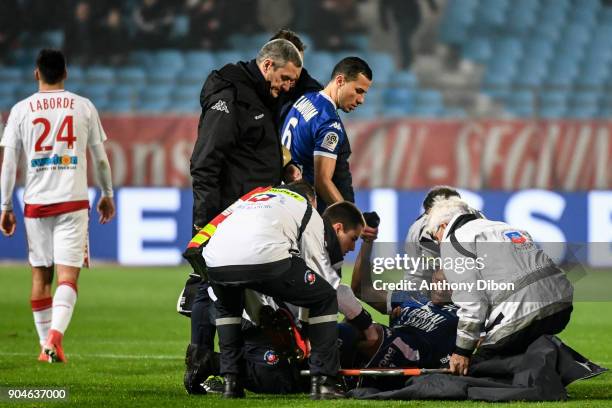 Christophe Herelle of Troyes injured during the Ligue 1 match between Troyes and Bordeaux on January 13, 2018 in Troyes, France.