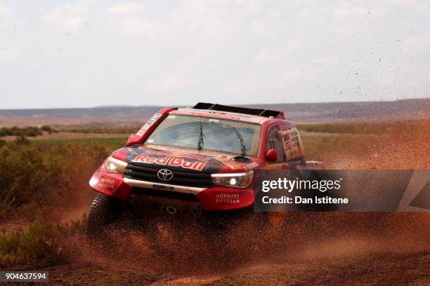 Nasser Al-Attiyah of Qatar and Toyota Gazoo Racing drives with co-driver Matthieu Baumel of France in the Hilux Toyota car in the Classe : T1.1 : 4x4...