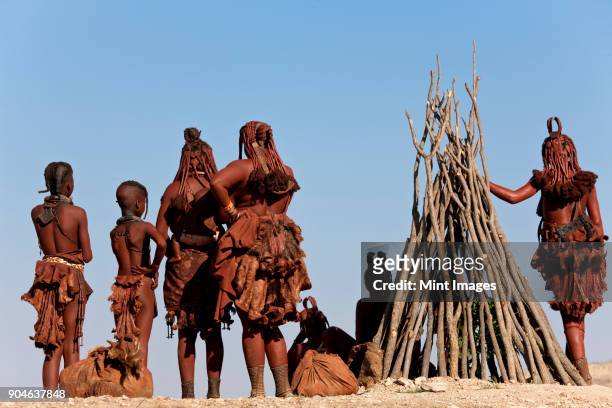 small group of himba women and children wearing traditional clothing standing in a desert. - himba - fotografias e filmes do acervo
