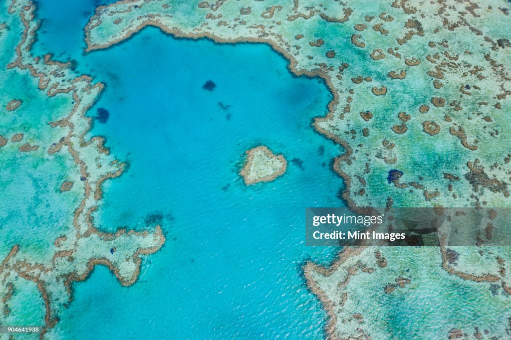 Aerial view of turquoise reef in the Pacific Ocean.