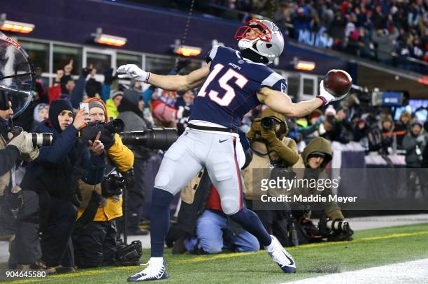 Chris Hogan of the New England Patriots reacts after catching a touchdown pass in the third quarter of the AFC Divisional Playoff game against the...