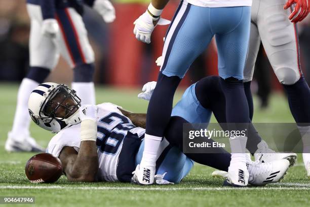 Delanie Walker of the Tennessee Titans gets up after carrying the ball in the second quarter of the AFC Divisional Playoff game against the New...