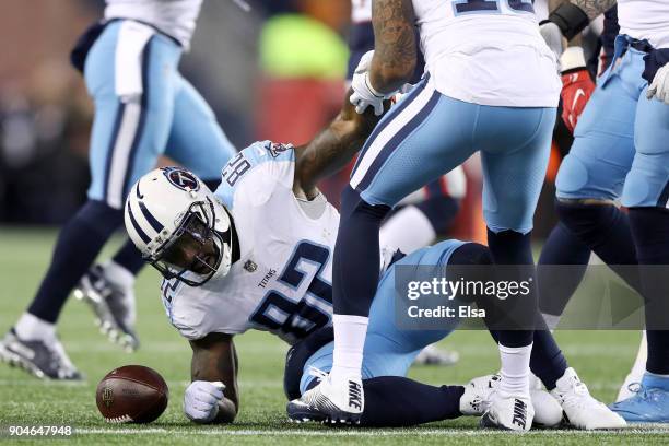 Delanie Walker of the Tennessee Titans gets up after carrying the ball in the second quarter of the AFC Divisional Playoff game against the New...