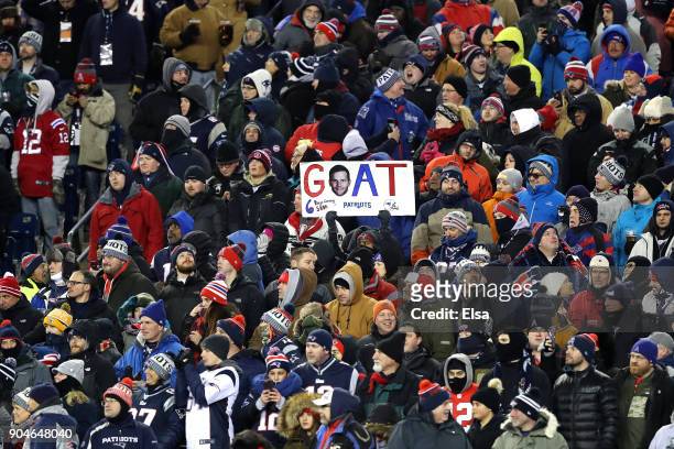 Fans display a sign in the AFC Divisional Playoff game between the New England Patriots and the Tennessee Titans at Gillette Stadium on January 13,...