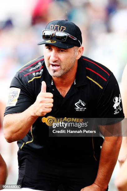 Former All Blacks player Roger Randle of Waikato motivates the Waikato team during the Bayleys National Sevens semi final cup match between Waikato...