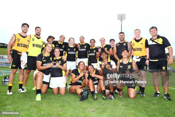 Wellington pose for a team photo after losing the Bayleys National Sevens Plate Final match between Bay of Plenty and Wellington at Rotorua...