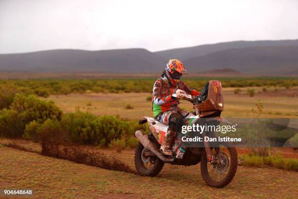 Laia Sanz of Spain and KTM rides a 450 Rally Replica KTM bike in the Elite ASO during stage seven of the 2018 Dakar Rally between La Paz and Uyuni on...