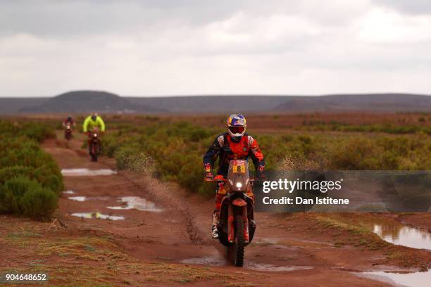 Toby Price of Australia and Red Bull KTM Team rides a 450 Rally Replica bike in the Elite ASO during stage seven of the 2018 Dakar Rally between La...