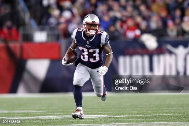 Dion Lewis of the New England Patriots carries the ball in the second quarter of the AFC Divisional Playoff game against the Tennessee Titans at...