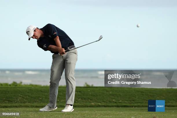 Brian Stuard of the United States plays his shot from the 17th tee during round three of the Sony Open In Hawaii at Waialae Country Club on January...