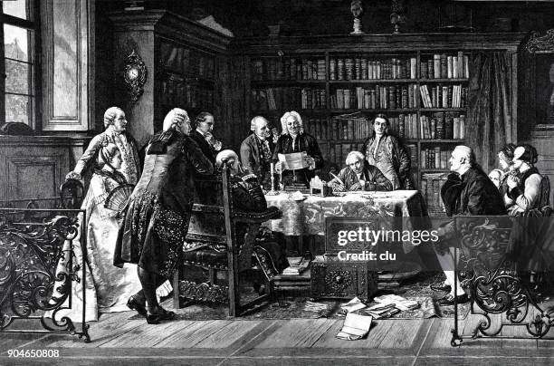 opening a will: at the notary's office in the library, people sit and stand around a table - inheritance stock illustrations