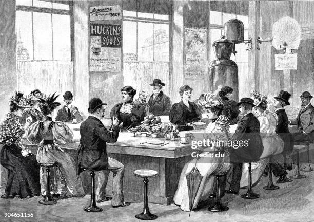 lunchroom in chicago: people sitting at the bar eating and drinking - vintage food and drink stock illustrations