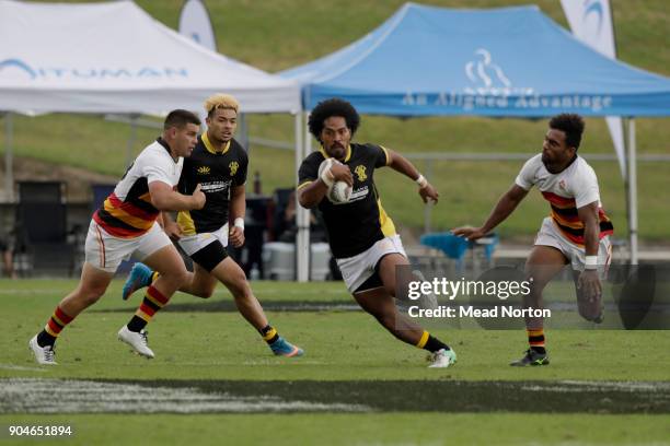 Nash Fiso-Vaelei during the Bayleys National Sevens match between Wellington and Waikato at Rotorua International Stadium on January 14, 2018 in...