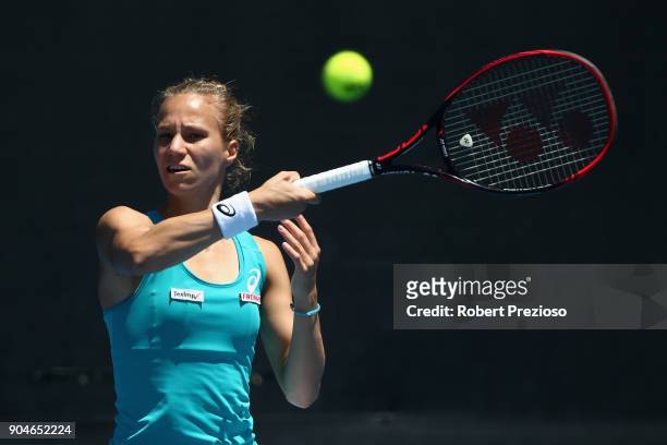 Viktorija Golubic of Switzerland competes in her third round match against Bernarda Pera of United States during 2018 Australian Open Qualifying at...
