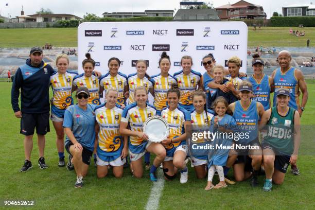 Bay of Plenty Womens team won the plate trophy during the Bayleys National Sevens Tournament at Rotorua International Stadium on January 14, 2018 in...