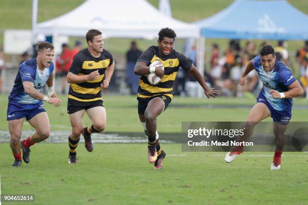 Kini Naholo during the Bayleys National Sevens match between Taranaki and Tasman at Rotorua International Stadium on January 14, 2018 in Rotorua, New...