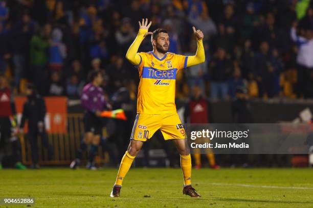 Andre Pierre Gignac of Tigres celebrates after scoring the second goal of his team during the second round match between Tigres UANL and Santos...