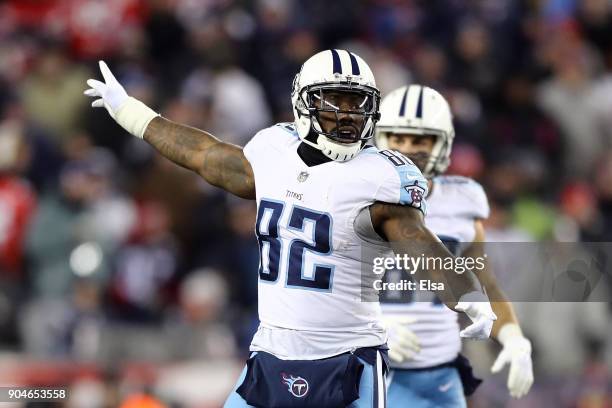 Delanie Walker of the Tennessee Titans reacts during the second quarter in the AFC Divisional Playoff game against the New England Patriots at...