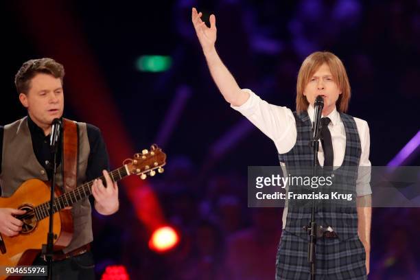 Michael Patrick Kelly and John Michael Kelly perform during the 'Schlagerchampions - Das grosse Fest der Besten' TV Show at Velodrom on January 13,...