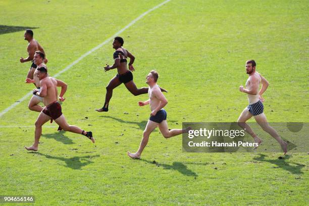 Canterbury run onto the field in their underwear after losing the Bayleys National Sevens Men's Bowl Final match between Counties Manukau and...