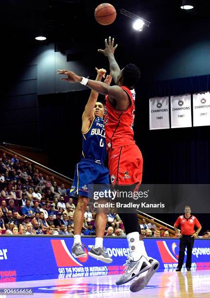 Travis Trice of the Bullets shoots during the round 14 NBL match between the Brisbane Bullets and the Perth Glory at Brisbane Convention & Exhibition...