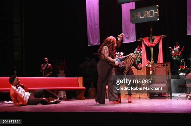 Erick Perkins, Kimberley T. Zulkowski and Imani Brown rehearse Agape Love Musical Stage Play on January 13, 2018 in Milwaukee, Wisconsin.