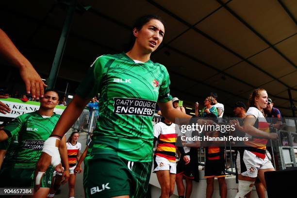 Sarah Goss of Manawatu walks out for the Bayleys National Sevens Women's Cup Final match between Manawatu and Waikato at Rotorua International...