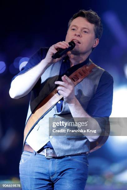 Patrick Michael Kelly performs during the 'Schlagerchampions - Das grosse Fest der Besten' TV Show at Velodrom on January 13, 2018 in Berlin, Germany.