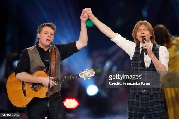 Patrick Michael Kelly and John Michael Kelly perform during the 'Schlagerchampions - Das grosse Fest der Besten' TV Show at Velodrom on January 13,...