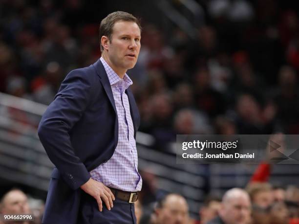 Head coach Fred Hoiberg of the Chicago Bulls watches as his team takes on the Detroit Pistons at the United Center on January 13, 2018 in Chicago,...