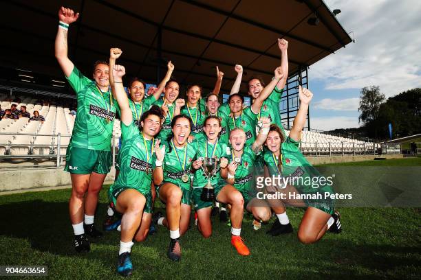 Manawatu celebrate winning the Bayleys National Sevens Women's Cup Final match between Manawatu and Waikato at Rotorua International Stadium on...