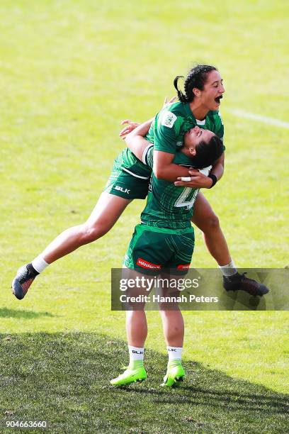 Sarah Goss of Manawatu celebrates with Janna Vaughan of Manawatu after winning the Bayleys National Sevens Women's Cup Final match between Manawatu...