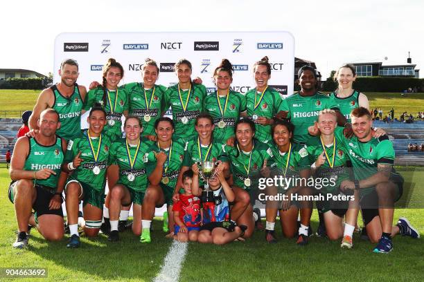 Manawatu celebrate winning the Bayleys National Sevens Women's Cup Final match between Manawatu and Waikato at Rotorua International Stadium on...