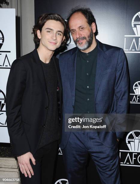 Timothee Chalamet and Luca Guadagnino attend the 43rd Annual Los Angeles Film Critics Association Awards on January 13, 2018 in Los Angeles,...