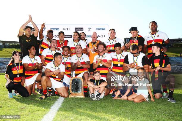 Waikato celebrate after winning the Bayleys National Sevens Men's Cup Final match between Waikato and Tasman at Rotorua International Stadium on...