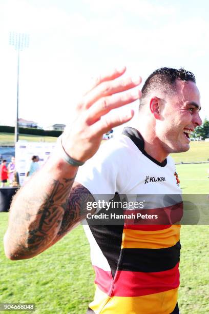 Zac Guildford of Waikato celebrates after winning the Bayleys National Sevens Men's Cup Final match between Waikato and Tasman at Rotorua...