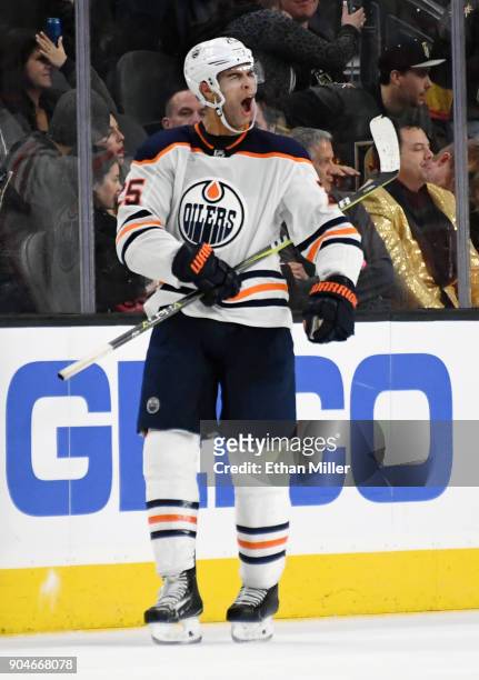 Darnell Nurse of the Edmonton Oilers reacts after scoring an overtime goal against the Vegas Golden Knights to win their game 3-2 at T-Mobile Arena...