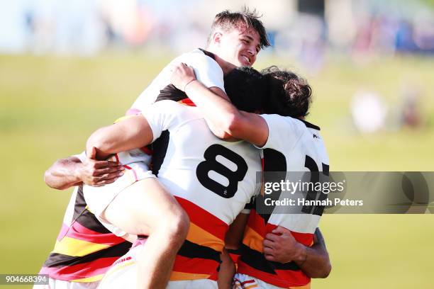 Tyler Campbell of Waikato celebrates with the team after winning the Bayleys National Sevens Men's Cup Final match between Waikato and Tasman at...