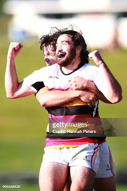Tyler Campbell and Jordan Bunce of Waikato celebrate after winning the Bayleys National Sevens Men's Cup Final match between Waikato and Tasman at...
