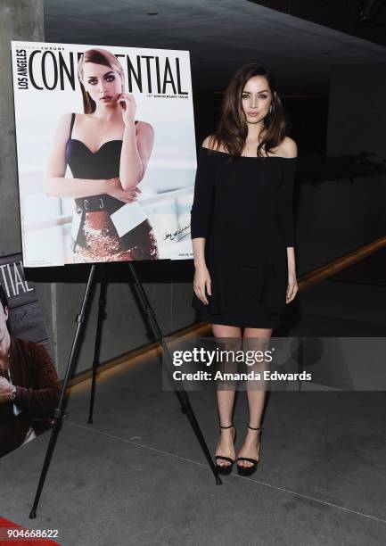 Actress Ana de Armas arrives at the Los Angeles Confidential "Awards Issue" Celebration hosted by cover stars Alison Brie, Milo Ventimiglia and Ana...