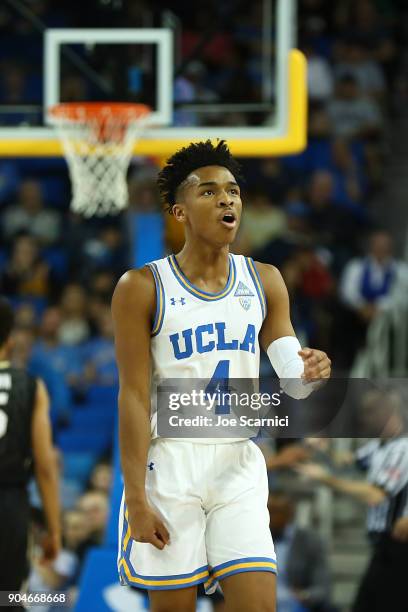 Jaylen Hands of the UCLA Bruins reacts to a call in the second half of the Colorado v UCLA game at Pauley Pavilion on January 13, 2018 in Los...