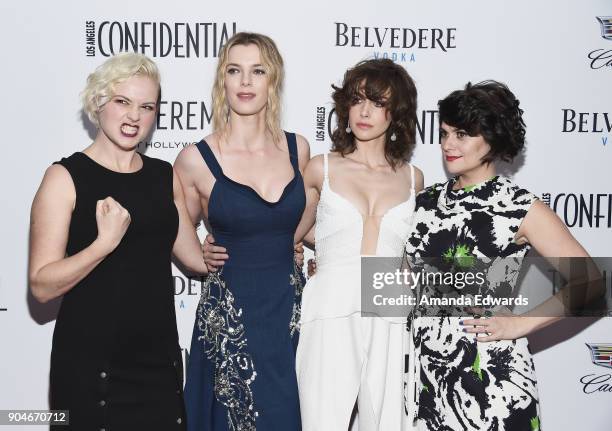 Actresses Kimmy Gatewood, Betty Gilpin, Alison Brie and Rebekka Johnson arrive at the Los Angeles Confidential "Awards Issue" Celebration hosted by...